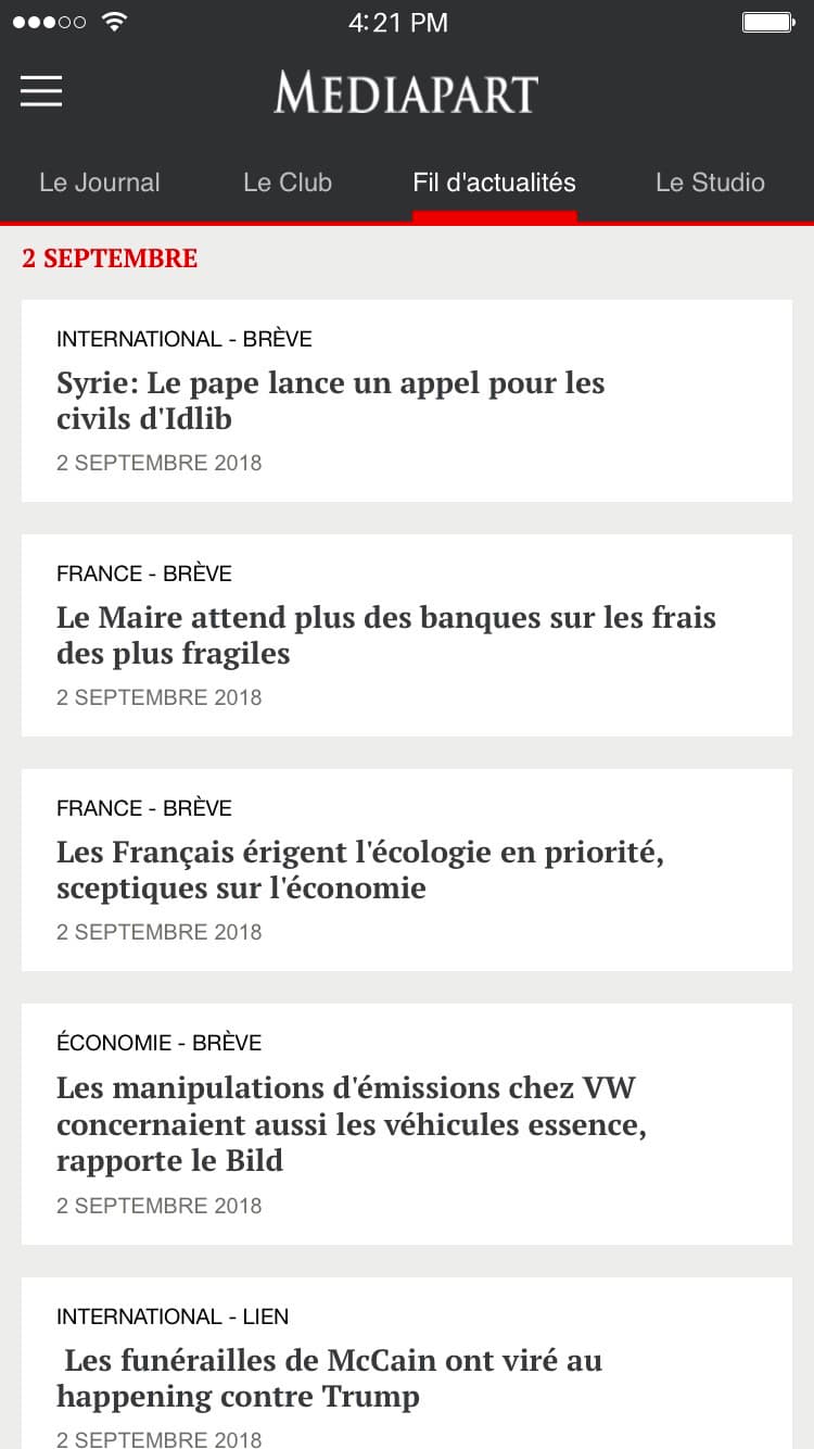 Mediapart, liste d'articles le fil d'actualités